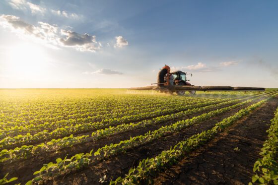 tractor spraying pesticides on soybean field with sprayer at spring